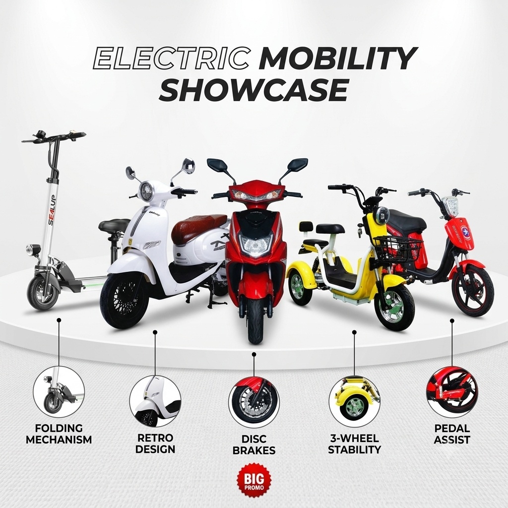 Kumpulan motor listrik dan sepeda listrik Emily Berkah: skuter dorong Seal Up, motor retro Uwinfly putih dan merah, motor roda tiga Uwinfly Romeo Plus kuning, dan sepeda listrik Antelope Wind merah